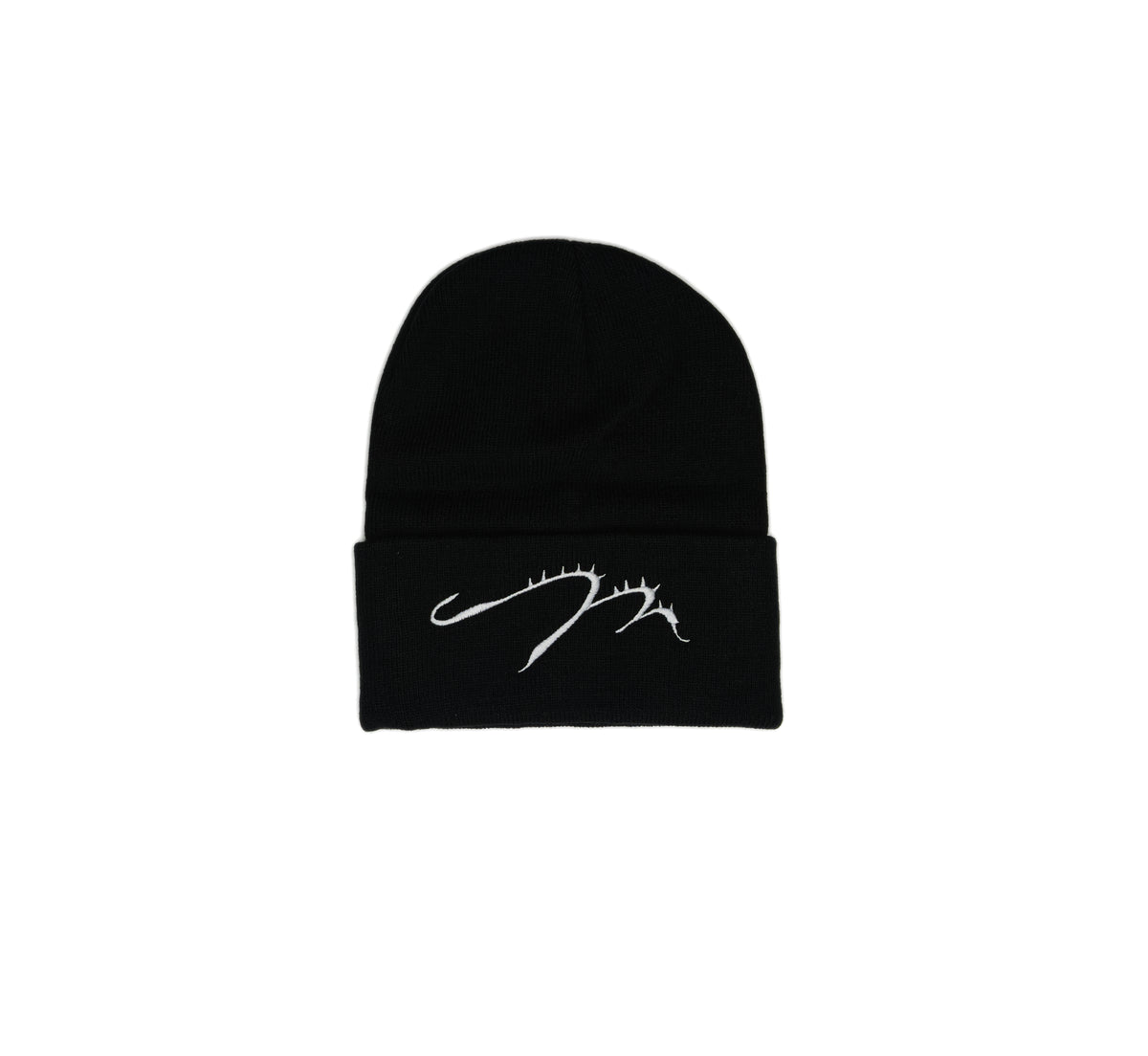 EmberKnit cuffed beanie in Black, front view with embroidered logo