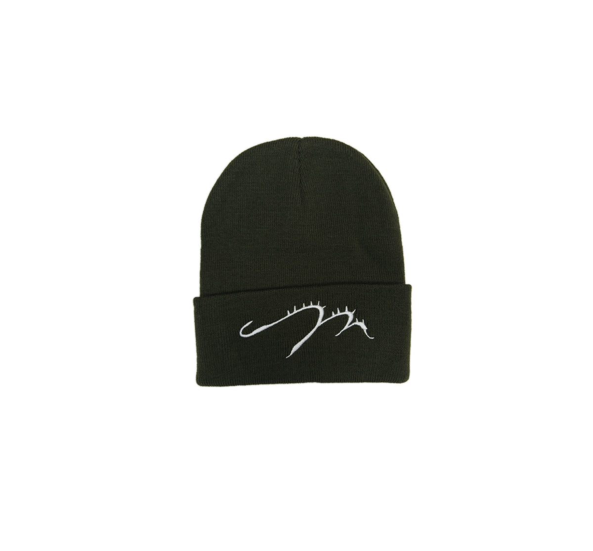 EmberKnit cuffed beanie in Green, front view with embroidered logo